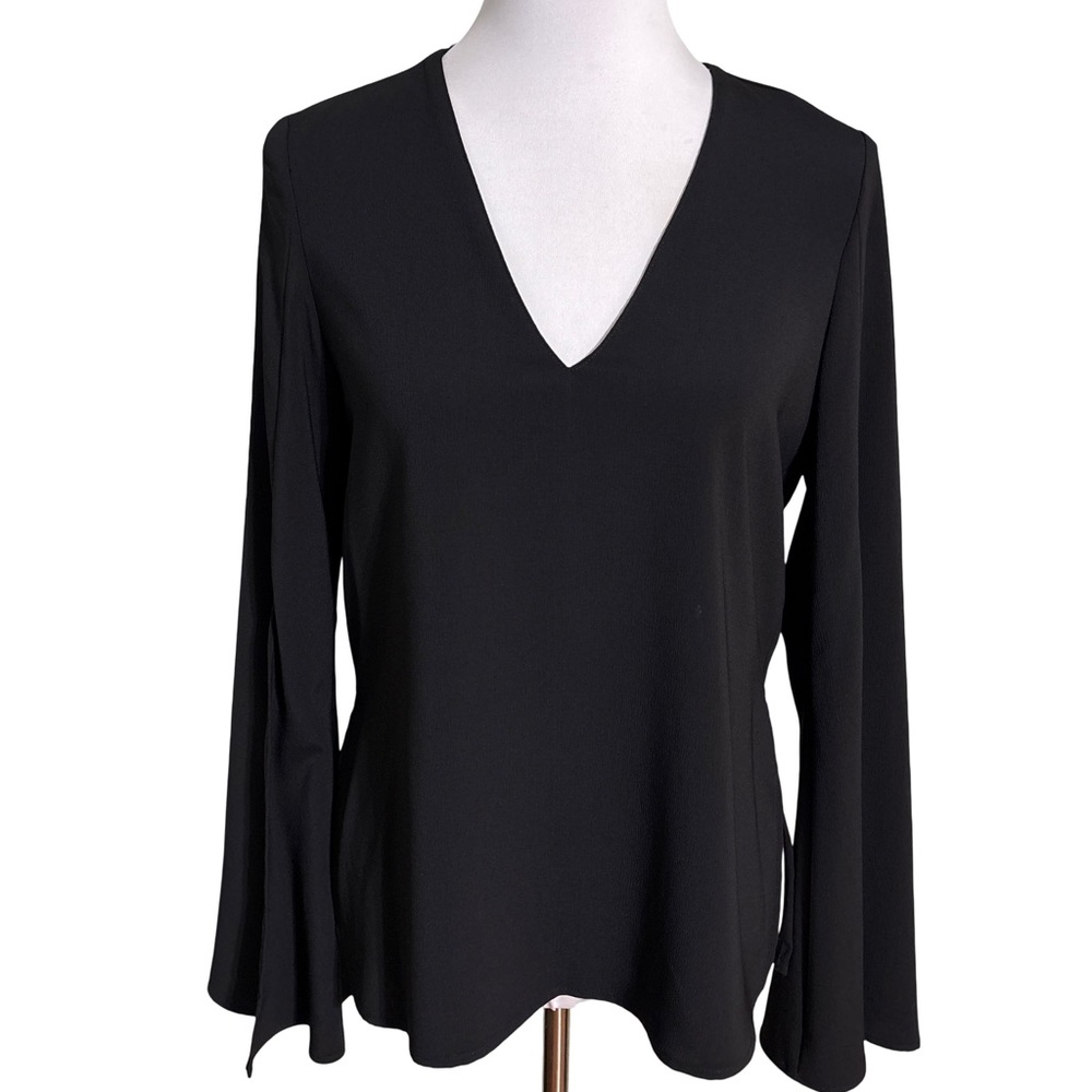 Topshop Black V-Neck Blouse Split Bell Sleeve